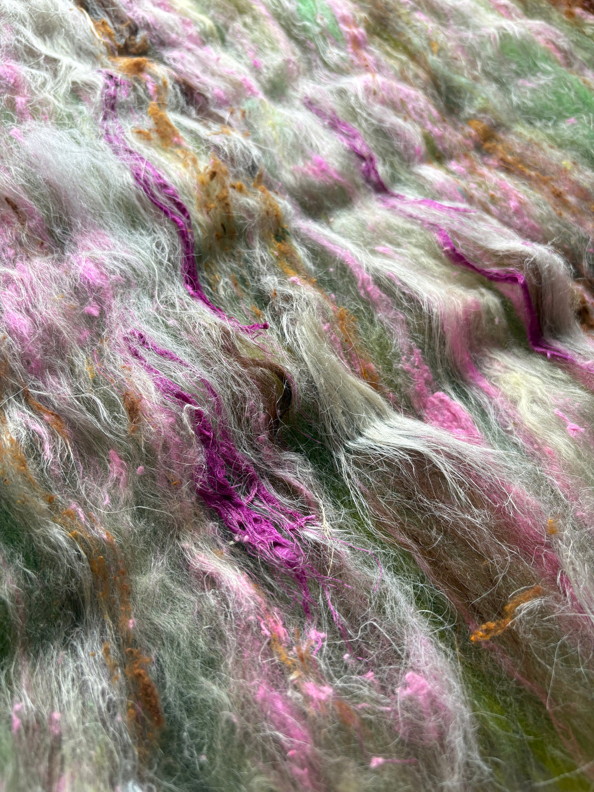 3.20oz chunky scrappy fiber art batt, alpaca wool sari silk waste mohair suri alpaca flax/hemp. multi colored