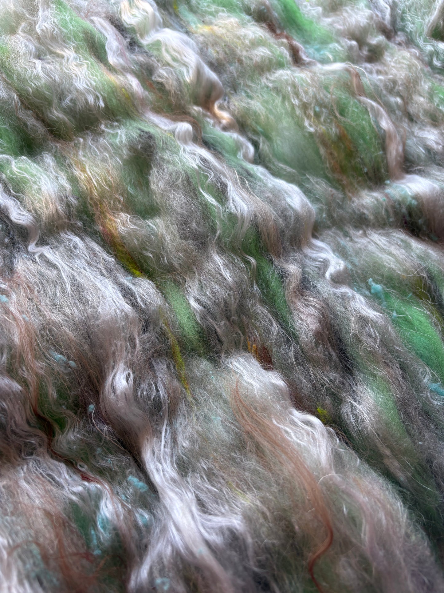 3oz chunky scrappy fiber art batt, alpaca wool sari silk waste mohair suri alpaca flax/hemp. multi colored