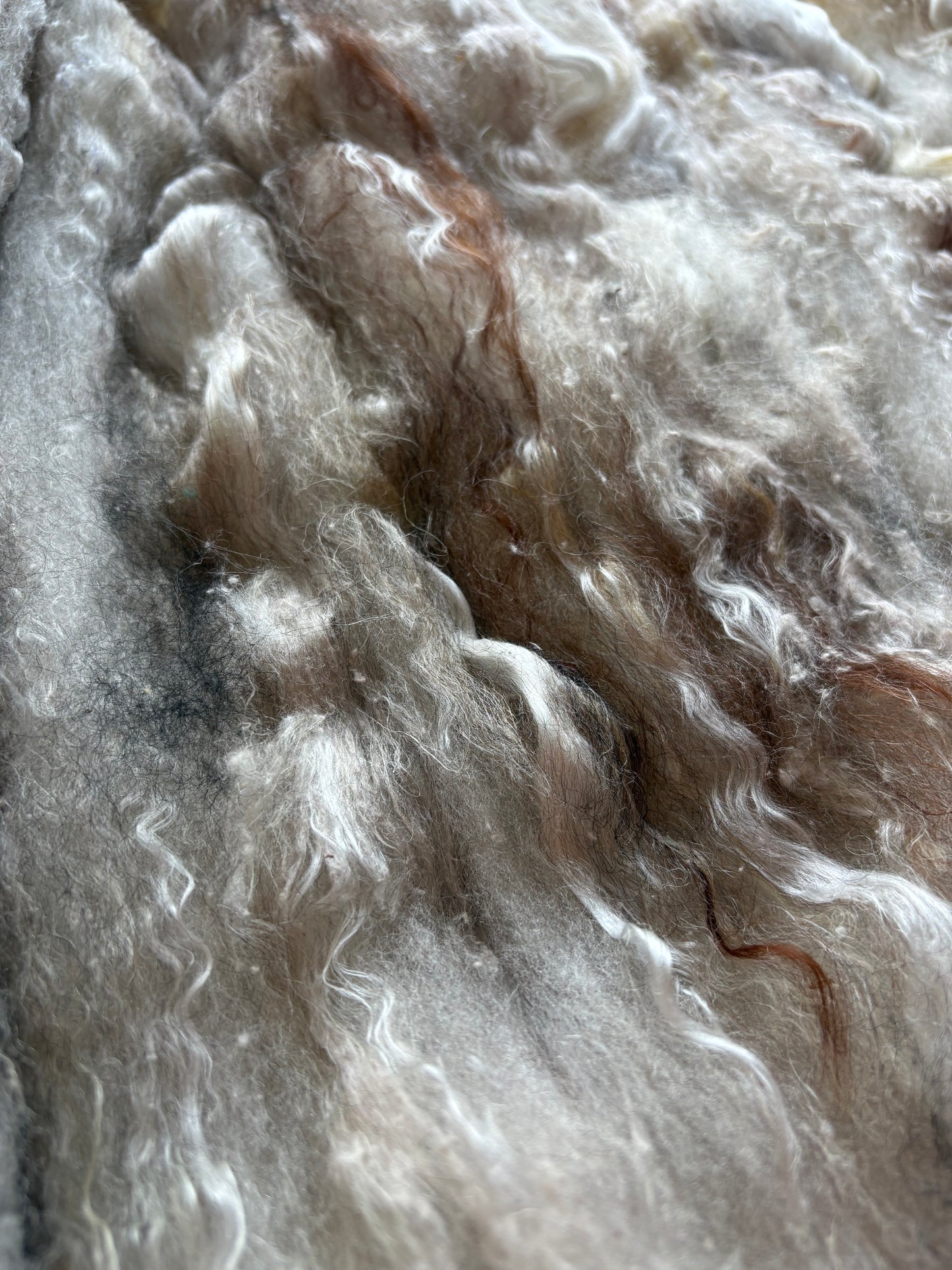 3.40oz chunky scrappy fiber art batt, alpaca wool sari silk waste mohair suri alpaca flax. multi colored natural