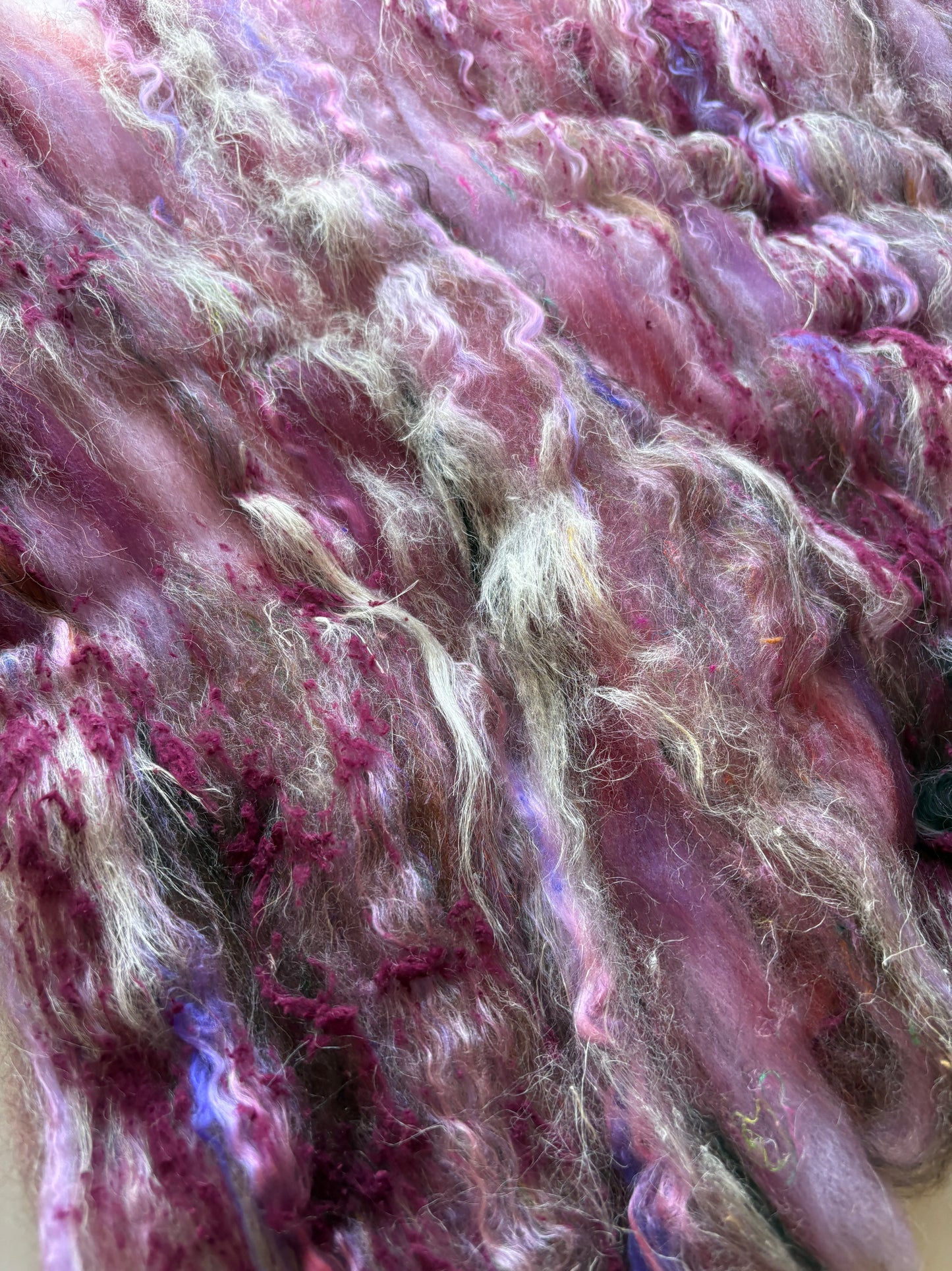 3oz chunky scrappy fiber art batt, alpaca wool sari silk waste mohair suri alpaca flax/hemp. multi colored