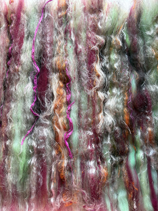 3.40oz chunky scrappy fiber art batt, alpaca wool sari silk waste mohair suri alpaca flax. multi colored