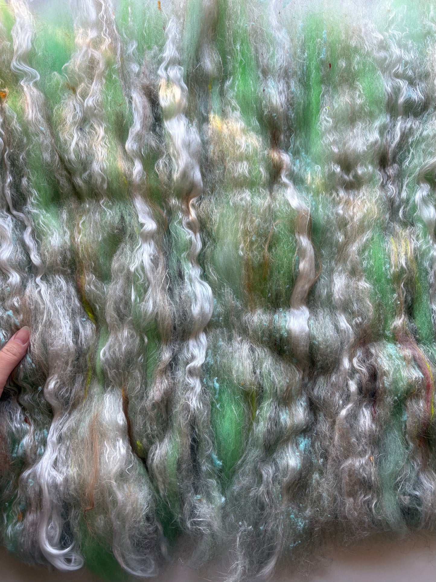 3oz chunky scrappy fiber art batt, alpaca wool sari silk waste mohair suri alpaca flax/hemp. multi colored