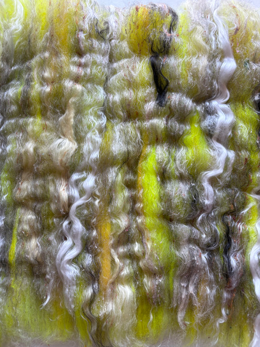 3oz chunky scrappy fiber art batt, alpaca wool sari silk waste mohair suri alpaca flax/hemp. multi colored