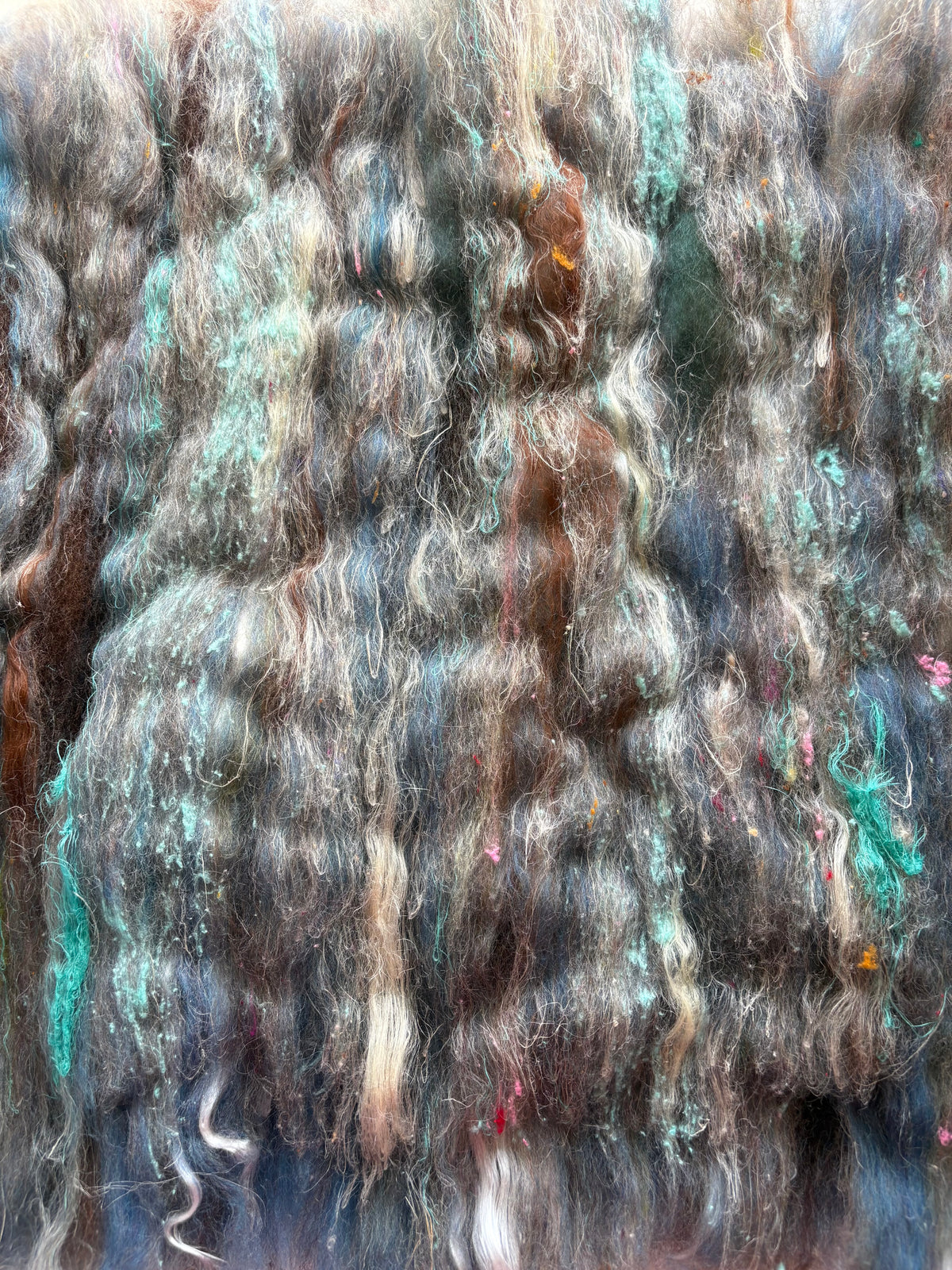 3oz chunky scrappy fiber art batt, alpaca wool sari silk waste mohair suri alpaca flax/hemp. multi colored