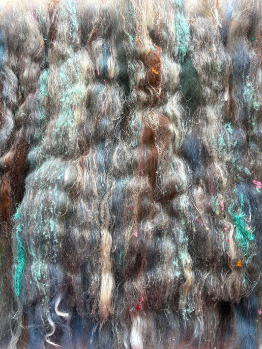 3oz chunky scrappy fiber art batt, alpaca wool sari silk waste mohair suri alpaca flax/hemp. multi colored