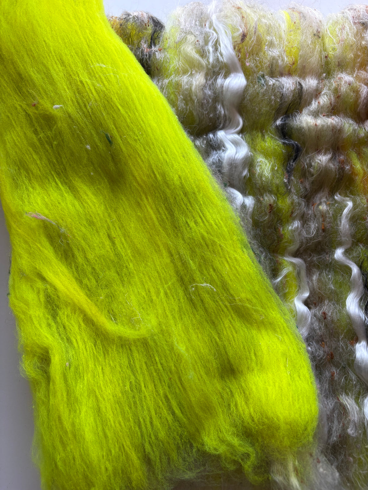 3oz chunky scrappy fiber art batt, alpaca wool sari silk waste mohair suri alpaca flax/hemp. multi colored