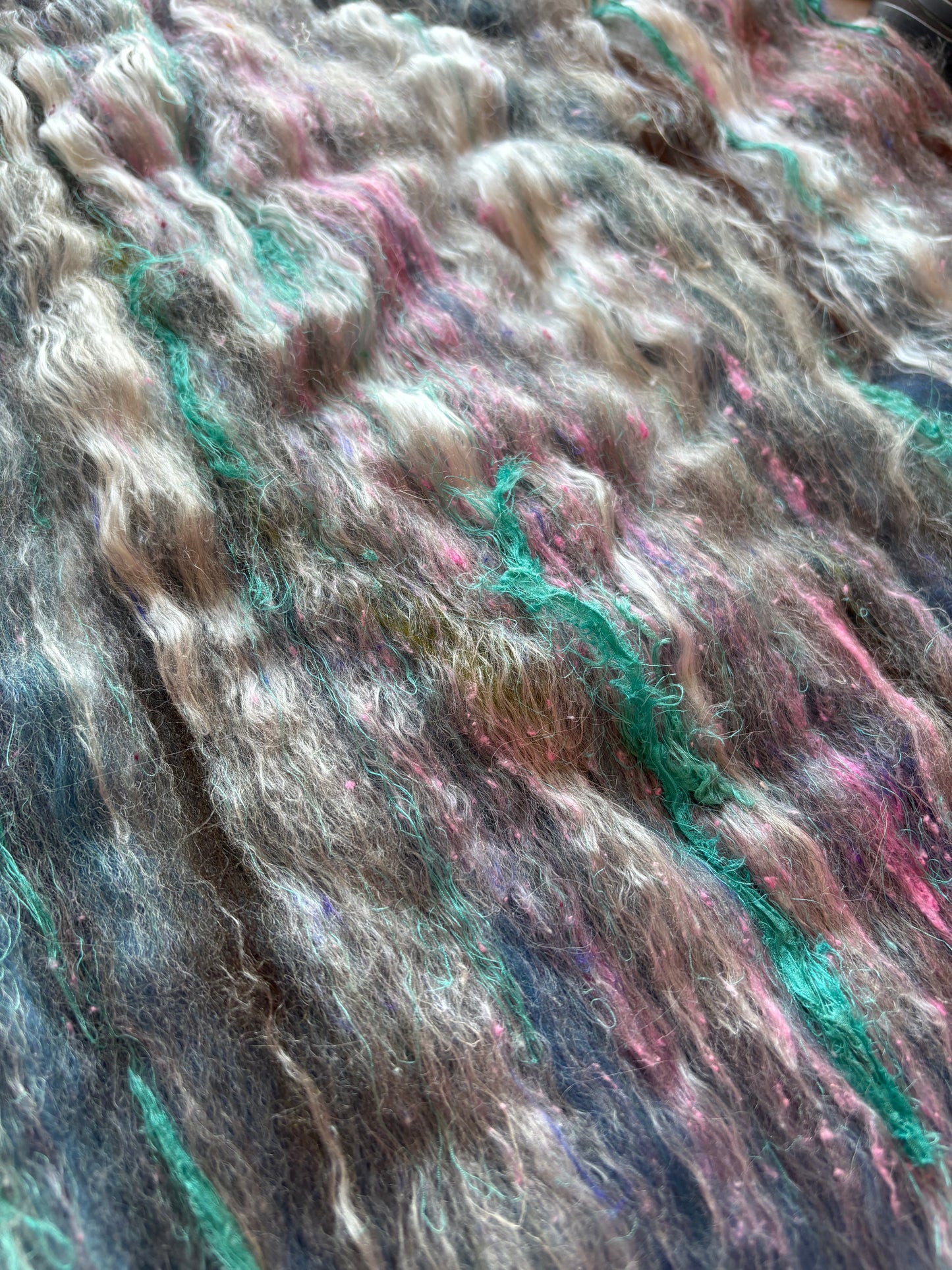 2.70oz chunky scrappy fiber art batt, alpaca wool sari silk waste mohair suri alpaca flax/hemp. multi colored