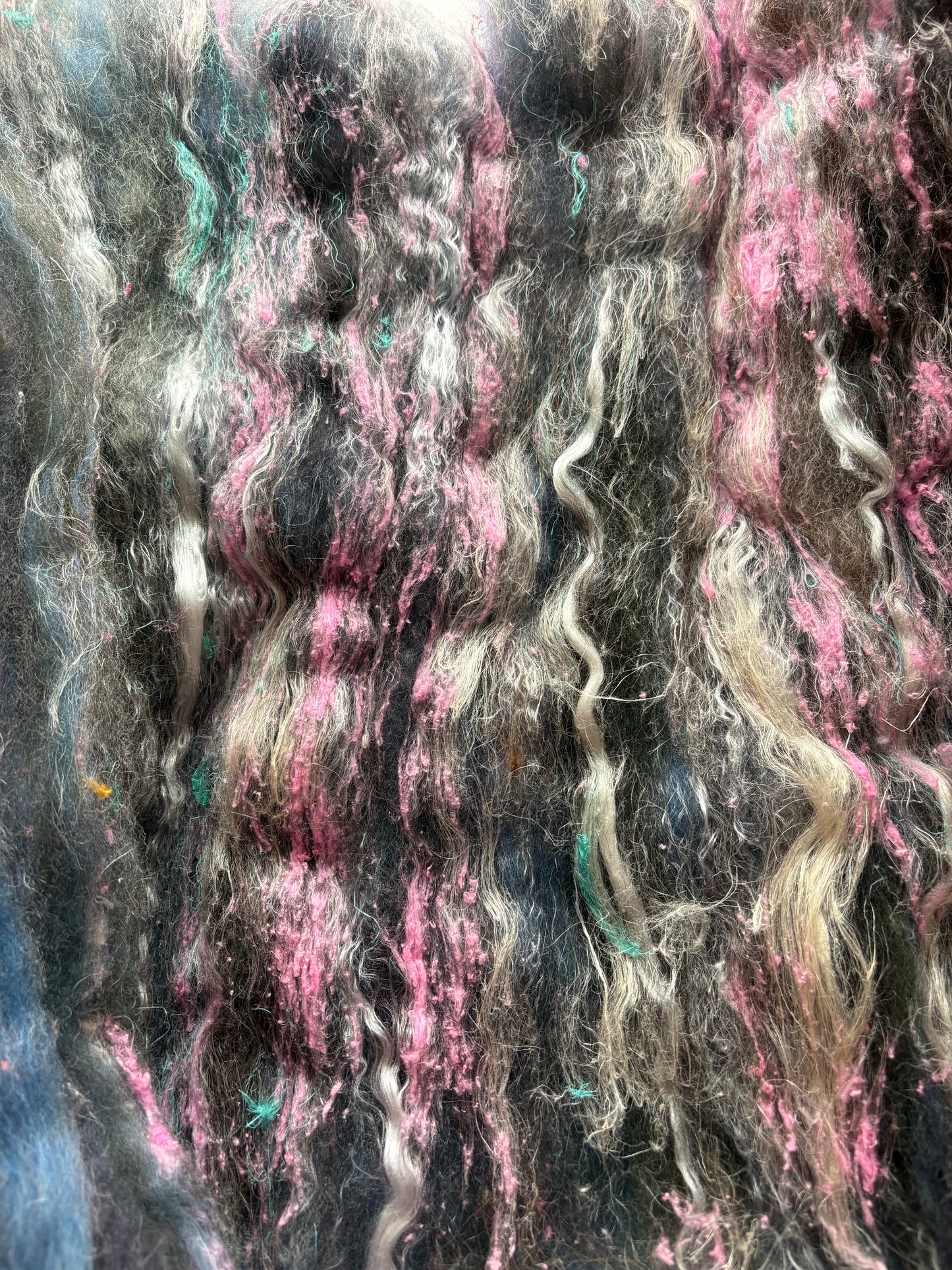 3.30oz chunky scrappy fiber art batt, alpaca wool sari silk waste mohair suri alpaca flax/hemp. multi colored