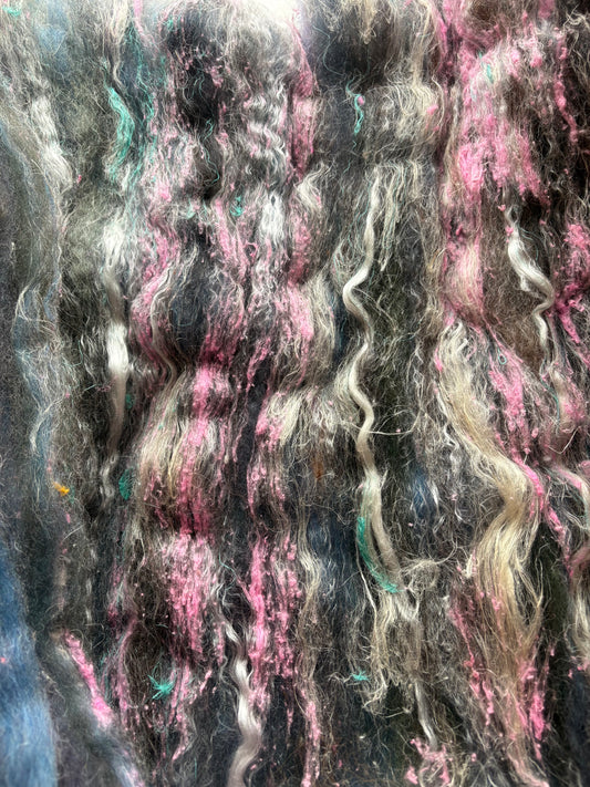 3.30oz chunky scrappy fiber art batt, alpaca wool sari silk waste mohair suri alpaca flax/hemp. multi colored