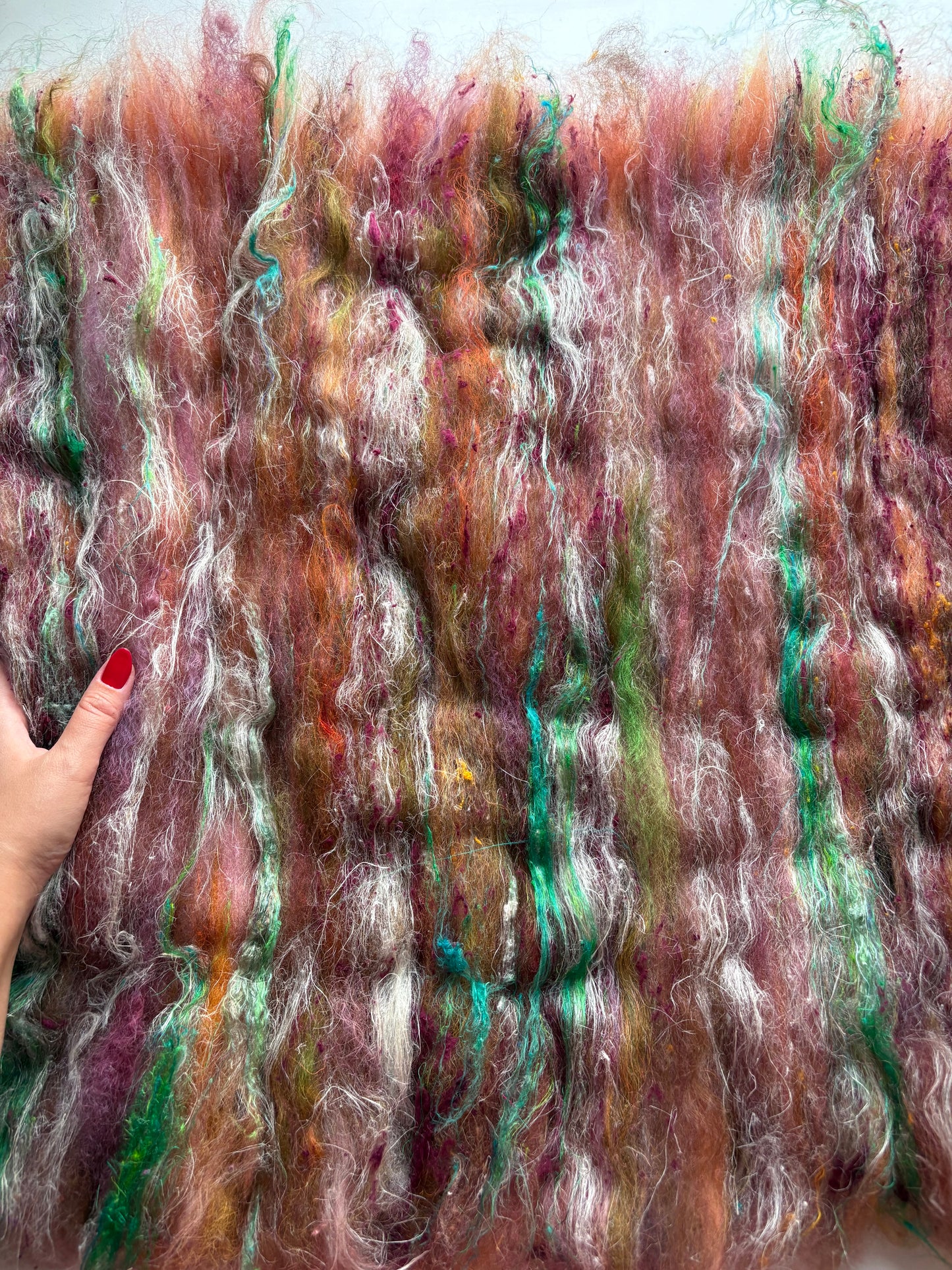 3.60 chunky scrappy fiber art batt, alpaca wool sari silk waste mohair suri alpaca flax hemp bamboo. multi colored