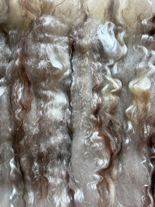 3.40oz chunky scrappy fiber art batt, alpaca wool sari silk waste mohair suri alpaca flax. multi colored natural