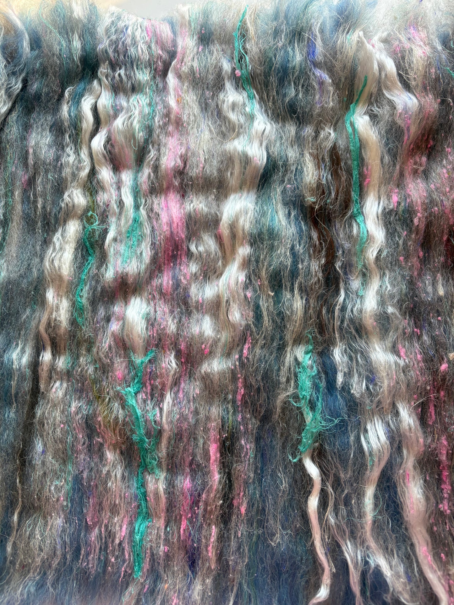 2.70oz chunky scrappy fiber art batt, alpaca wool sari silk waste mohair suri alpaca flax/hemp. multi colored