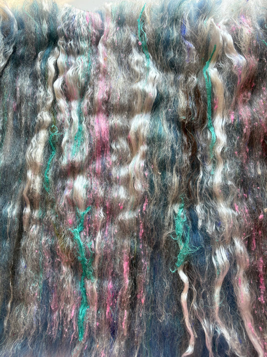 2.70oz chunky scrappy fiber art batt, alpaca wool sari silk waste mohair suri alpaca flax/hemp. multi colored
