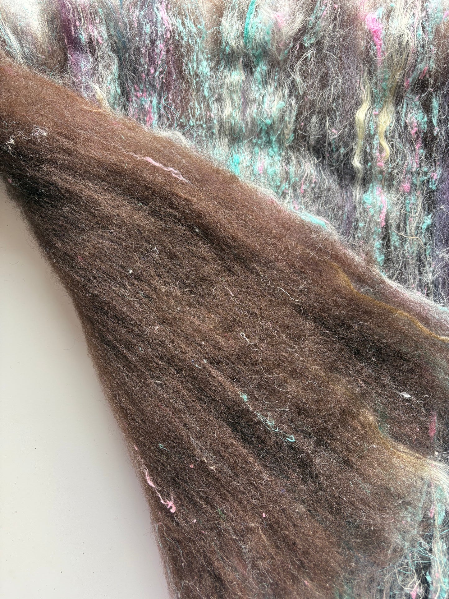2.70oz chunky scrappy fiber art batt, alpaca wool sari silk waste mohair suri alpaca flax/hemp. multi colored