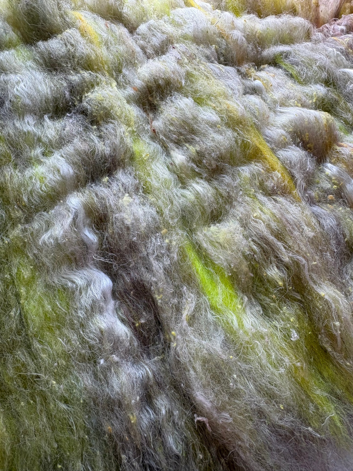 3.40oz chunky scrappy fiber art batt, alpaca wool sari silk waste mohair suri alpaca flax. multi colored