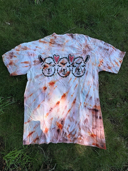 Spray painted alpaca T-Shirt. Men’s X-LARGE. 100% cotton. Stencil design. One-of-a kind tie dye