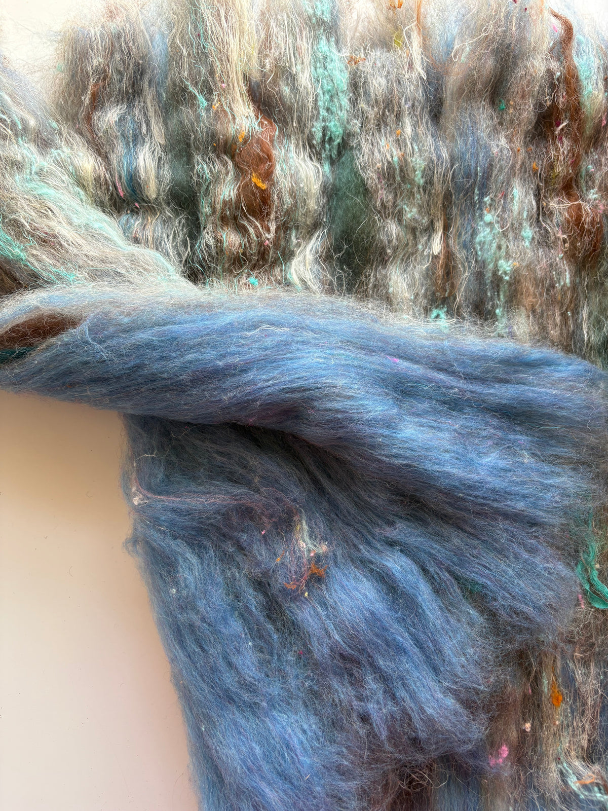 3oz chunky scrappy fiber art batt, alpaca wool sari silk waste mohair suri alpaca flax/hemp. multi colored