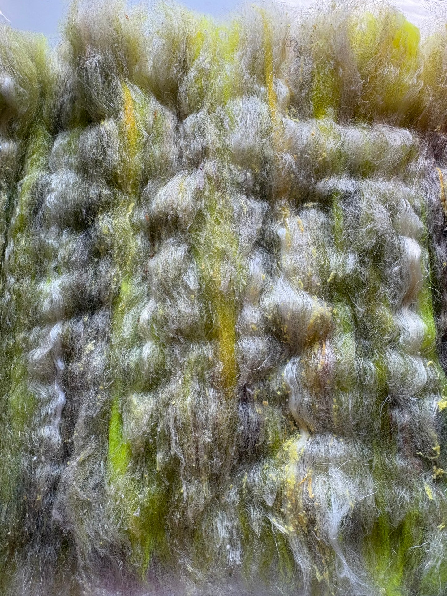 3.40oz chunky scrappy fiber art batt, alpaca wool sari silk waste mohair suri alpaca flax. multi colored