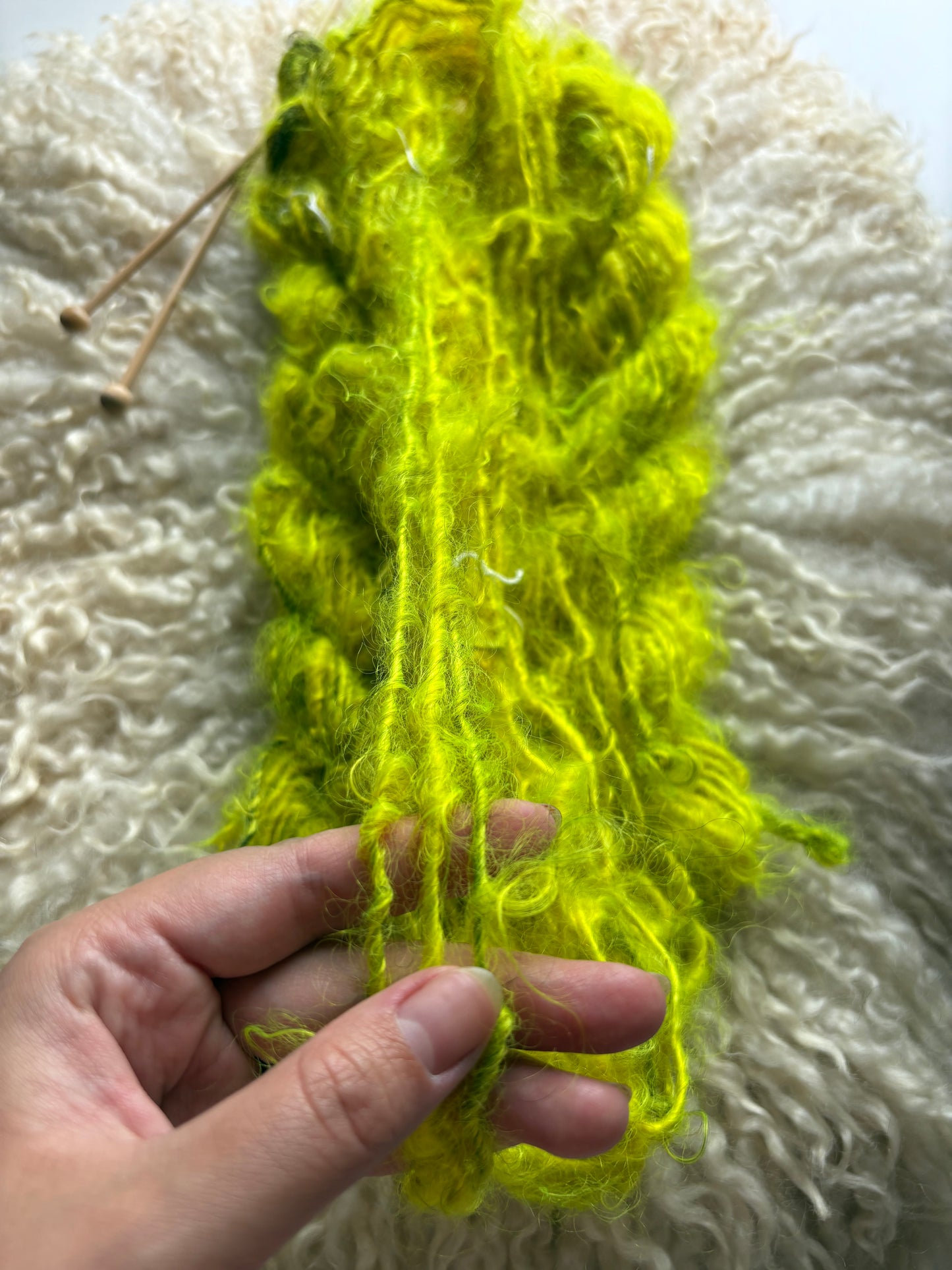Single ply 100% yearling grade mohair coreless lock spun art yarn. Roughly 1.30oz 20 yards dyed from Castiel and Penelope SOFT