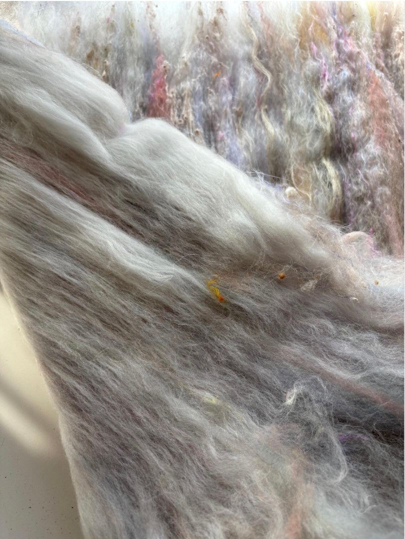 Mystery batt! 3oz chunky scrappy fiber art batt, alpaca wool sari silk waste mohair suri alpaca flax. White base+multi colored