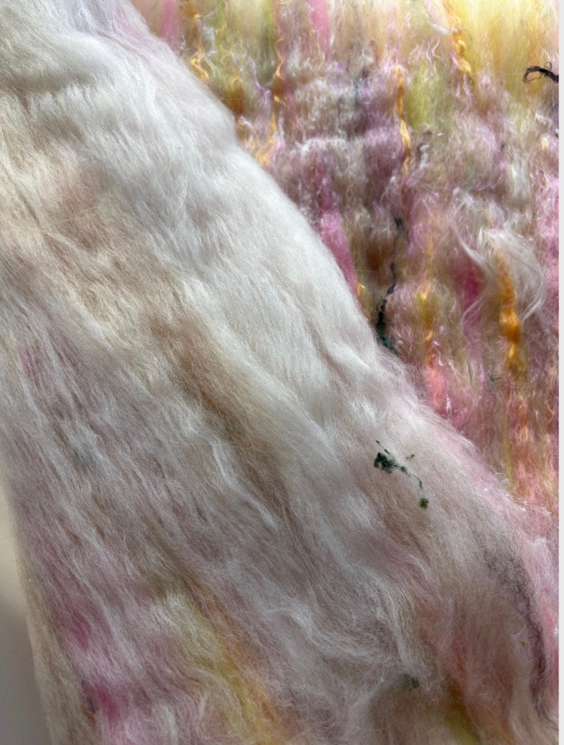Mystery batt! 3oz chunky scrappy fiber art batt, alpaca wool sari silk waste mohair suri alpaca flax. White base+multi colored