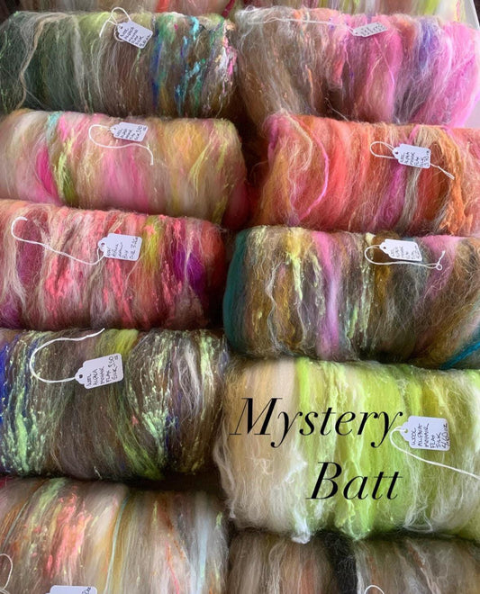 Mystery batt! 3oz chunky scrappy fiber art batt, alpaca wool sari silk waste mohair suri alpaca flax. multi colored