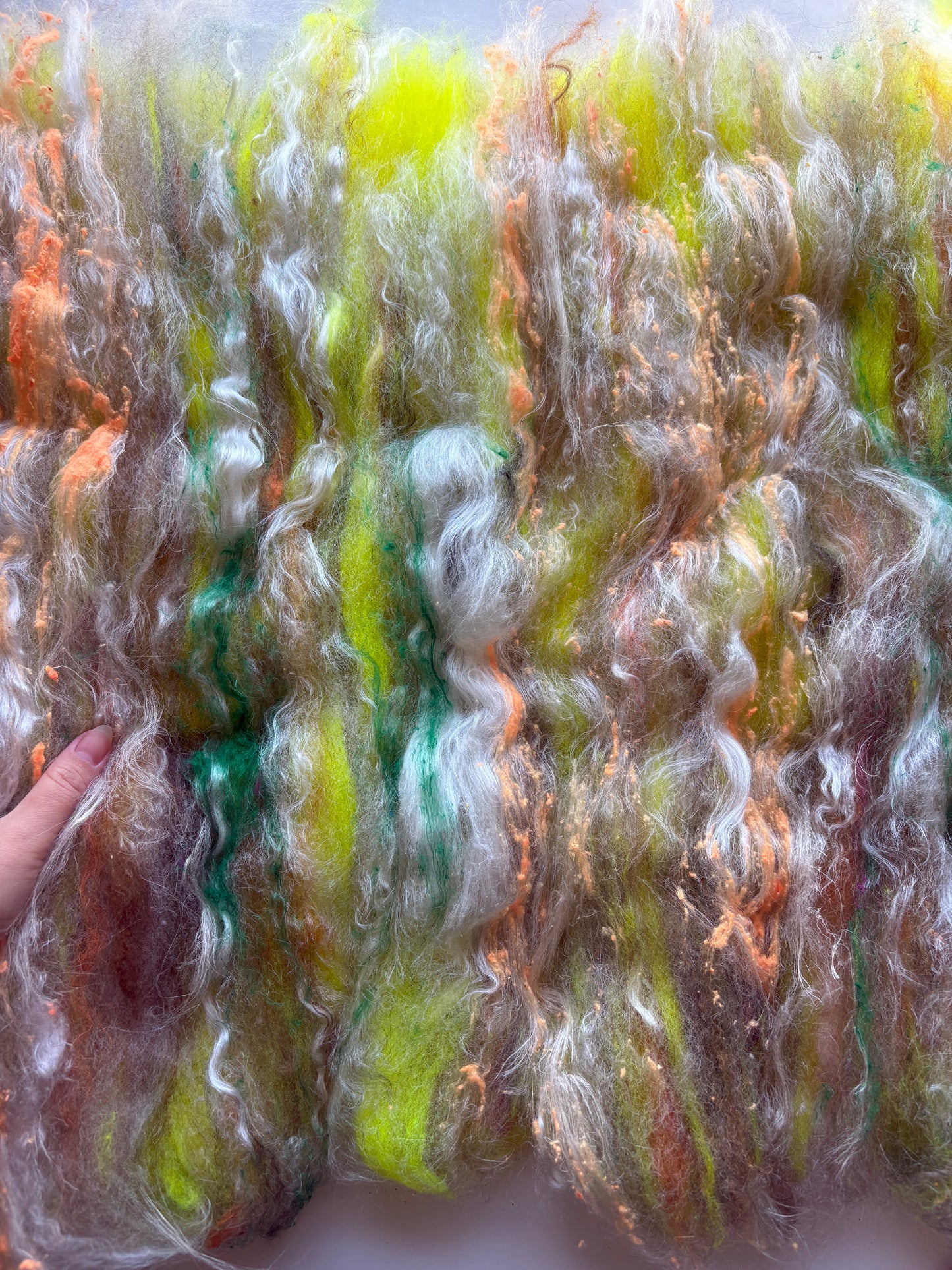 3oz chunky scrappy fiber art batt, alpaca wool sari silk waste mohair suri alpaca flax/hemp. multi colored