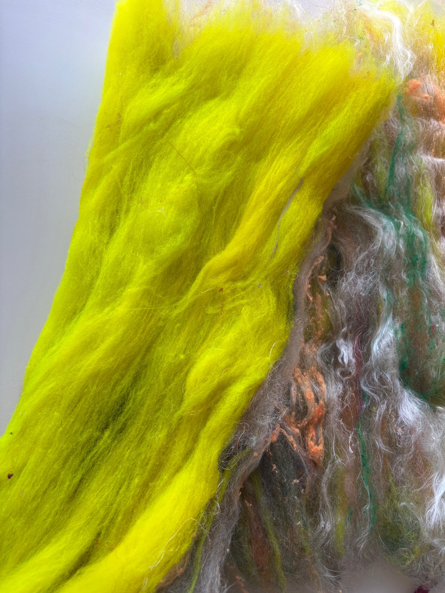 3oz chunky scrappy fiber art batt, alpaca wool sari silk waste mohair suri alpaca flax/hemp. multi colored