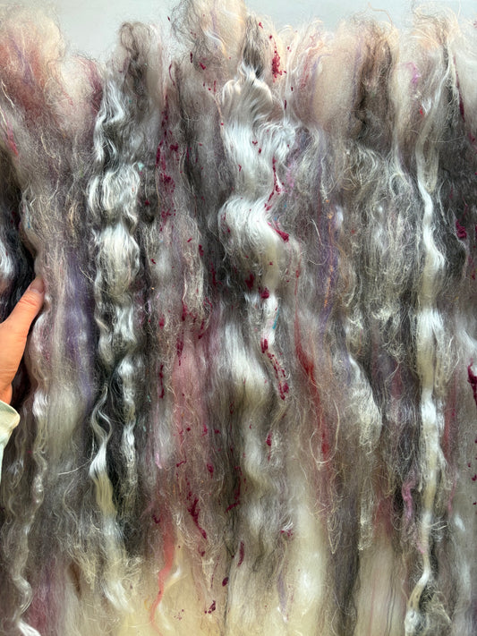 3oz chunky scrappy fiber art batt, alpaca wool sari silk waste mohair suri alpaca flax/hemp. multi colored