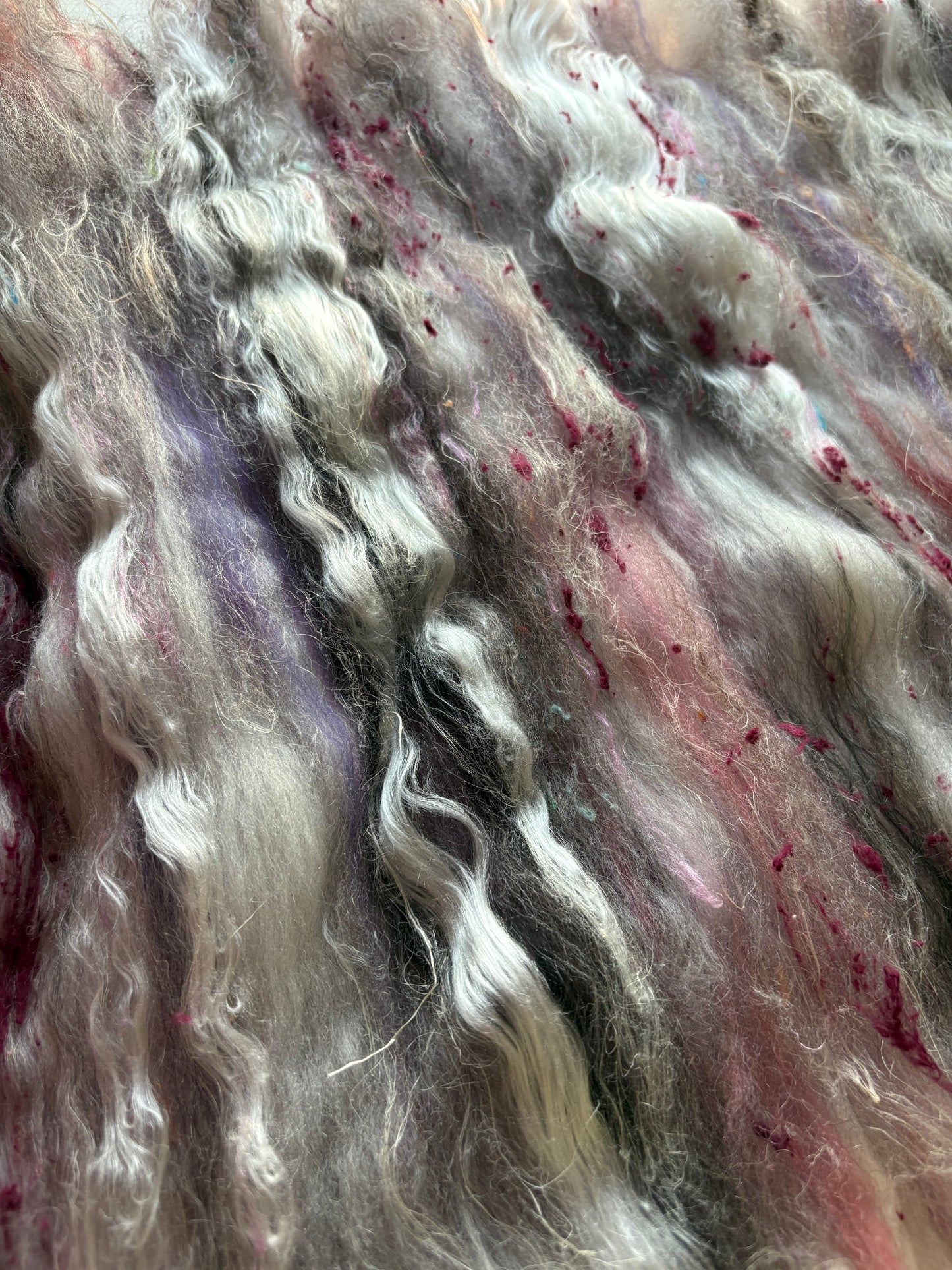 3oz chunky scrappy fiber art batt, alpaca wool sari silk waste mohair suri alpaca flax/hemp. multi colored